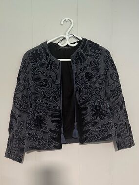 Zara Embroidered Velvet Open-Front Jacket - Gray